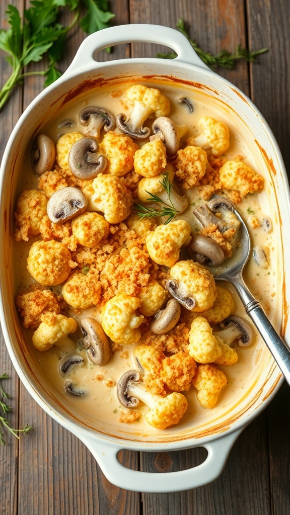 Creamy cauliflower and mushroom casserole topped with breadcrumbs in a rustic dish.
